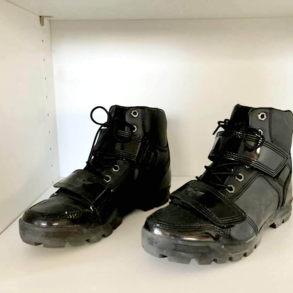 Black Lace Up Vegan Ankle Boot with Patent Velcro Detailing Size 6